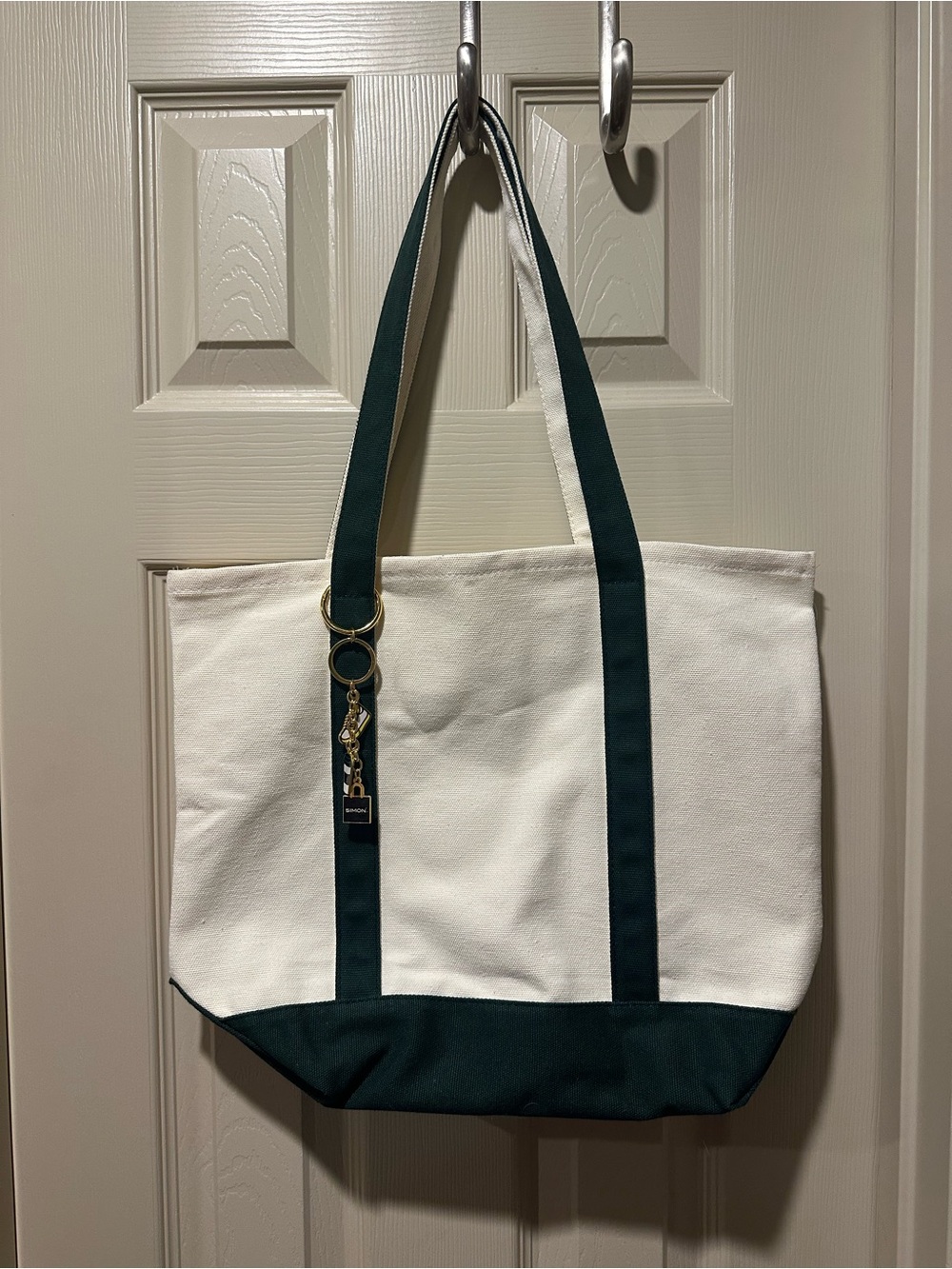 Canvas Tote Bag with Dark Green Accents and charms
